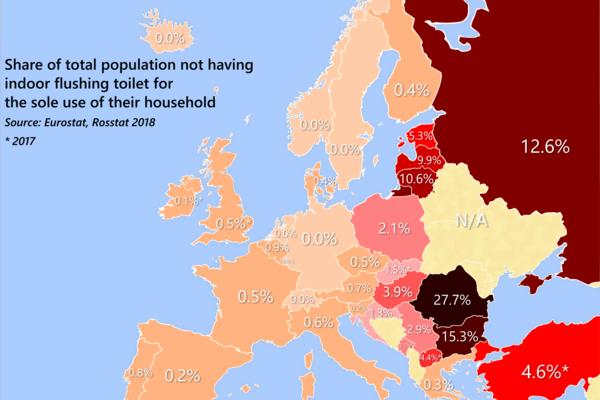 NA OVOJ MAPI JASNO SE VIDI GDE JE SRBIJA U ODNOSU NA EVROPU! Reč je o broju domaćinstava BEZ TOALETA