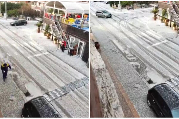 OPŠTI HAOS KOD KOMŠIJA: U Budvi padao grad veličine LEŠNIKA, zavejani putevi, otkazani LETOVI (FOTO) (VIDEO)