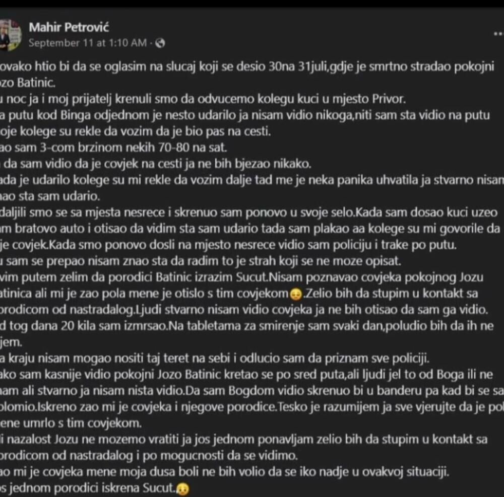 Bivši takmičar 'Zvezda Granda' Mahir Petrović, koji je osumnjičen da je 31. jula 2023. osumnjičen da je u Gornjem Vakufu - Uskoplju, 'audijem' usmrtio pešaka Jozu B. i pobegao s mesta nesreće