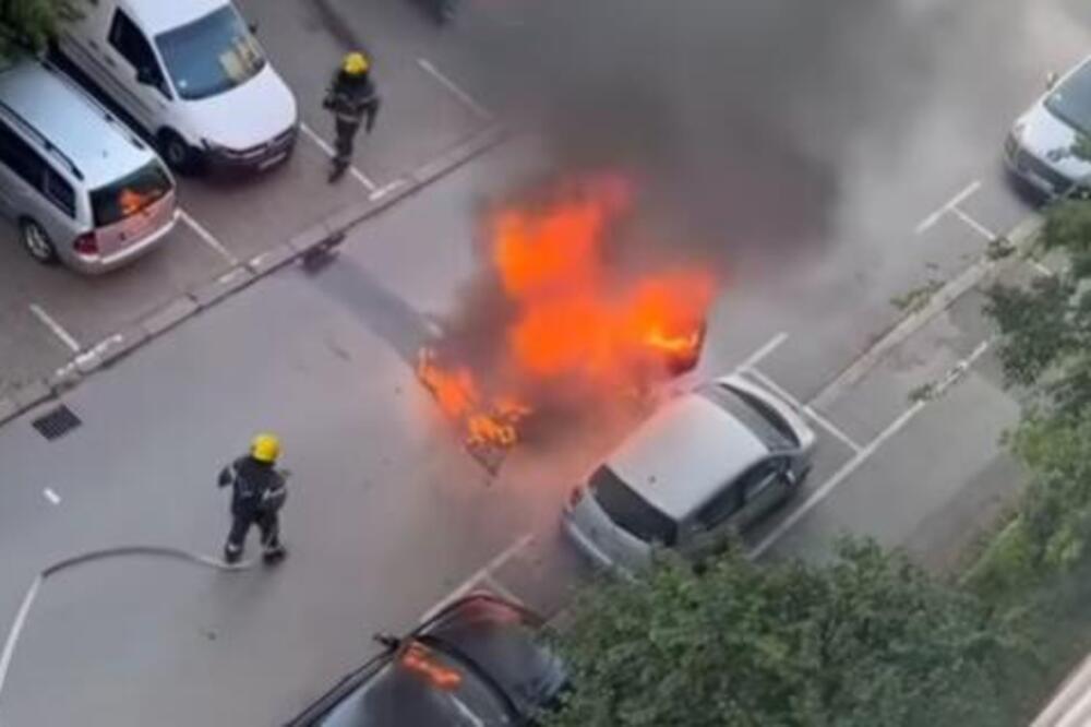 POŽAR PROGUTAO VOZILO NA PARKINGU U NOVOM SADU: Od auta ostala samo spržena olupina (VIDEO)