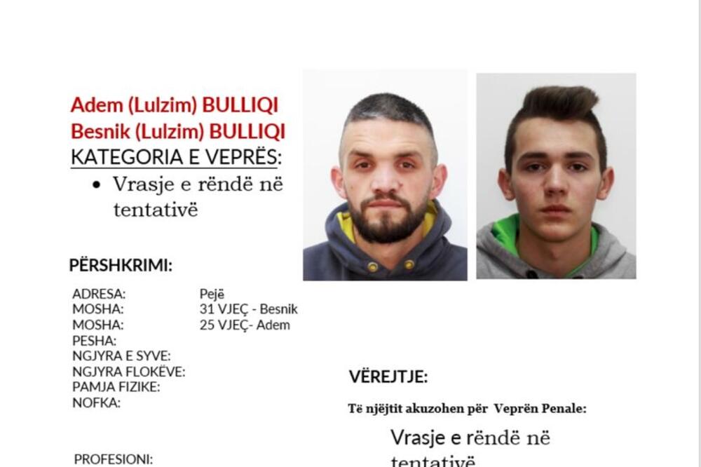 Traga se za mladićima koji su izvršili pokušaj ubistva u Peći: Policija apeluje na građane da se jave ako ih vide