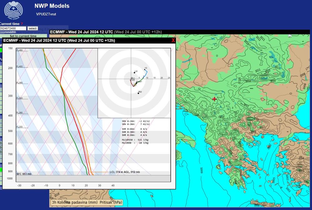 Atmosferski parametri 24. jula 2024. godine oko 13.20 časova 