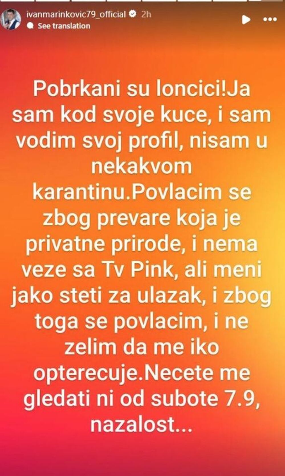 Objava Ivana Marinkovića na IG