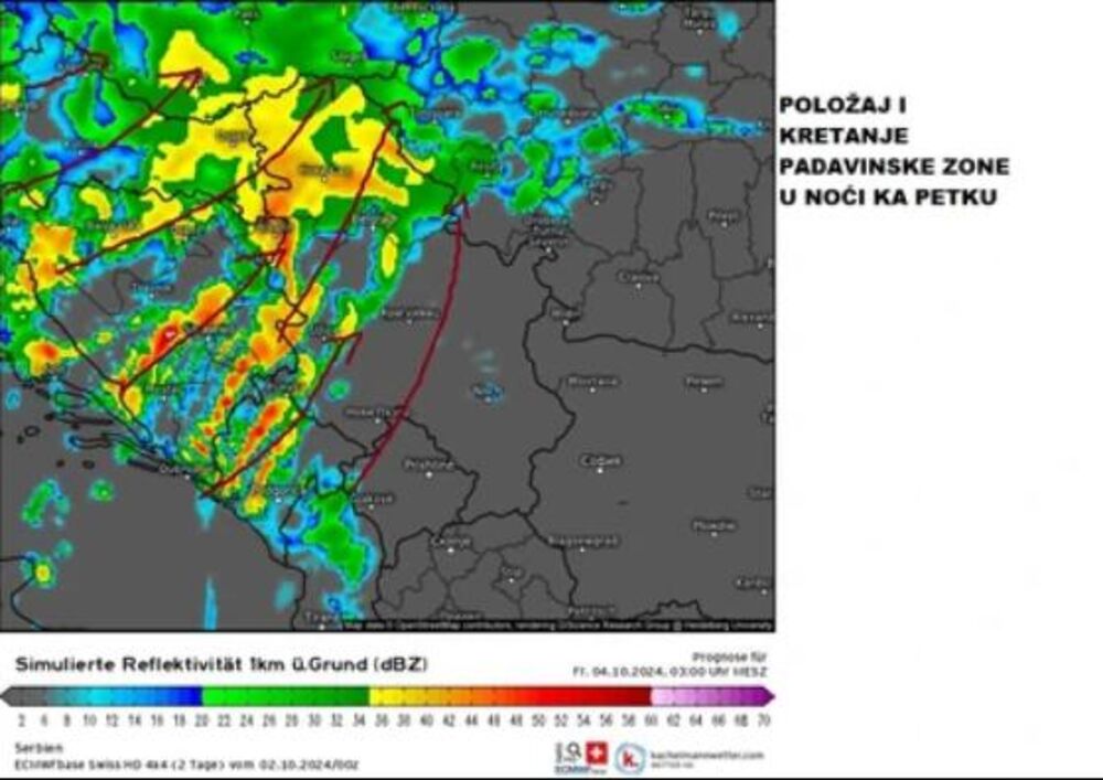 Kretanje padavina, noć ka petku