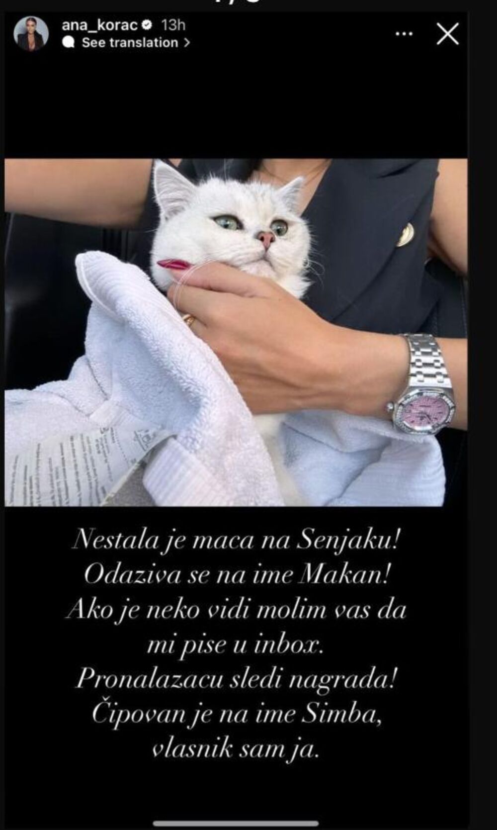 Ana objavila da joj je mačak nestao